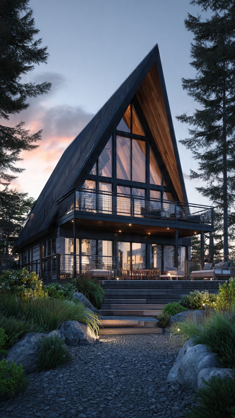 A-frame cabin design concept at dusk, Nanyuki